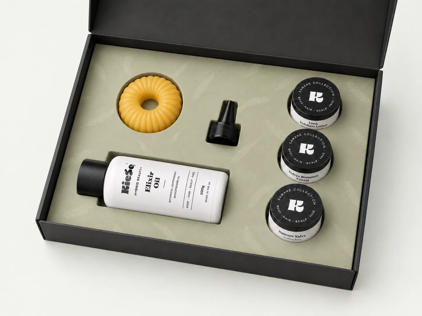 Kiese Discovery Pack open black box with patterned sage insert and products