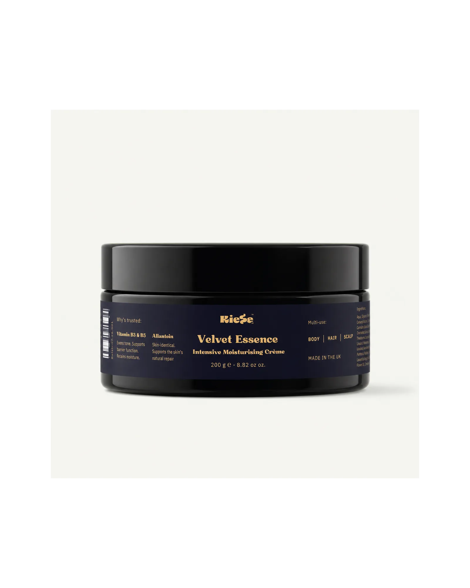 Velvet Essence Cream jar with sage green label and gold lettering